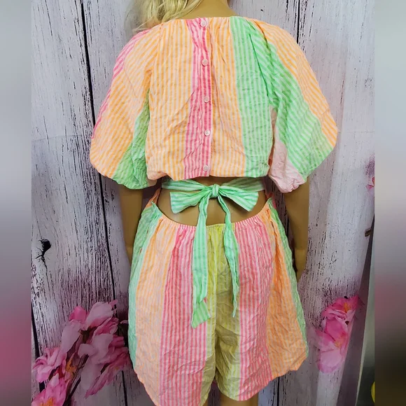 Davi & Dani Neon Bright Striped Romper. XL. - Picture 3 of 14